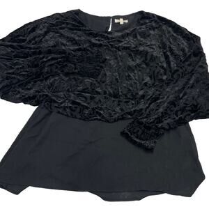 Mystree Top Womens Small Black Velvet Floral Tiered Open Sleeve Blouse‎